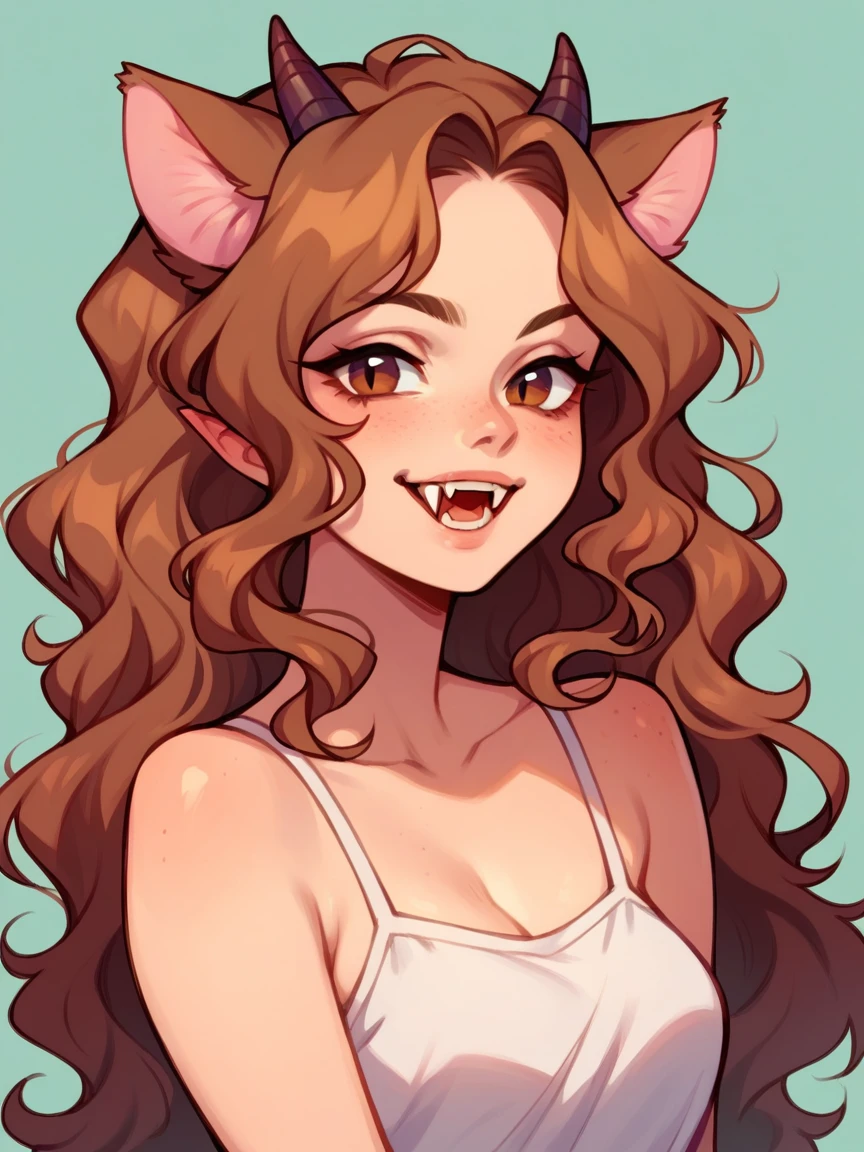 Half body, A pretty woman, long black wavy hair, Brown eyes, Casual clothes, cat ears and tail, fangs, horns, sexy