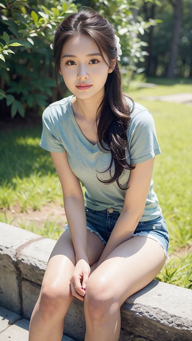 masterpiece, best quality, Surreal, Ultra Detailed, 8k resolution, RAW photos, Clear focus, (A girl in the forest), ((light gray shirt:1.1)), Short sleeve, sports Shorts,Full body posture, Solitary, Perfect body, Become a, 32 inches in the chest,(a charming smile:1), (sexy pose),26 years old, light,White shoes, Solitary, Perfect body, Perfect body, Bangs to eyebrows、Beautiful brown hair、Beautiful and delicate eyes、Brown eyes、Raise an eyebrow、Bangs to eyebrows、Beautiful brown hair、Beautiful and delicate eyes、Brown eyes、Raise an eyebrow、High Nose、Small nostril、Little mouth、Tempting lips、Mouth slightly open、Beautiful breasts、Full body、Oval face,Phoenix Eyes,Eyebrow, Double eyelids, Long eyelashes, A faint smile, full-body shot:1.2,She has a pair of eyes as clear as water,Eyebrows are like distant mountains,Creamy skin,唇如点樱 A faint smile