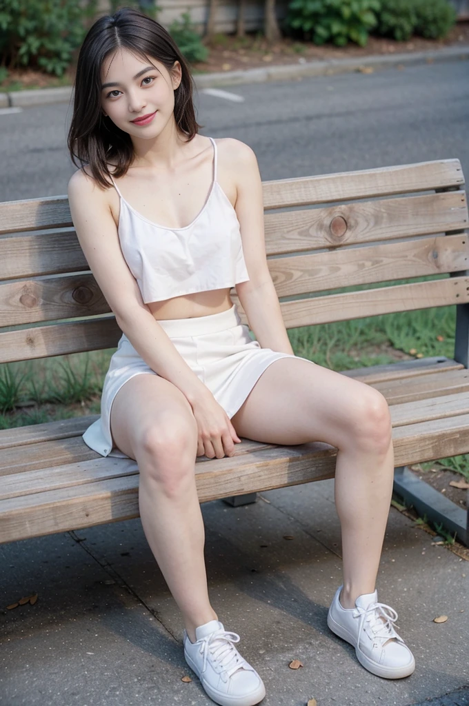 ((topless)) ((nude)) mole on inner thigh ((MEDIUM breast)) ((pale white skin)) sitting on bench, open thighs, (EXHIBITIONIST) ((SMILING)) nude top, thin white skirt only in full growth, young woman with short dark hair, blue shadows on the eyes, posing outdoor, full body in frame, thick thighs, bare legs, knees, sneakers, skirt, standing, MEDIUM BREAST