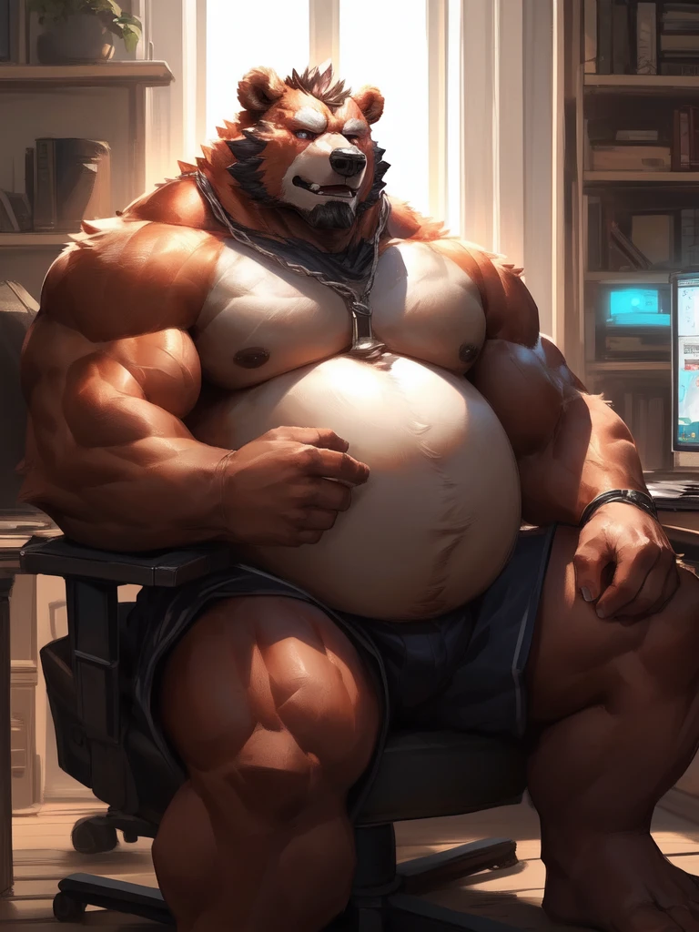 lindong, lucusold, a man with a huge muscular and fat bear sitting in gaming chair, streamer, pc and monitor, ((muscular, musclegut, big belly)), thicc, giant and muscular, danbooru and artstation, heavy detailed, insanely inflated hips, proportionally arms, commission for high res, detailed but rough, semirealistic:1.3