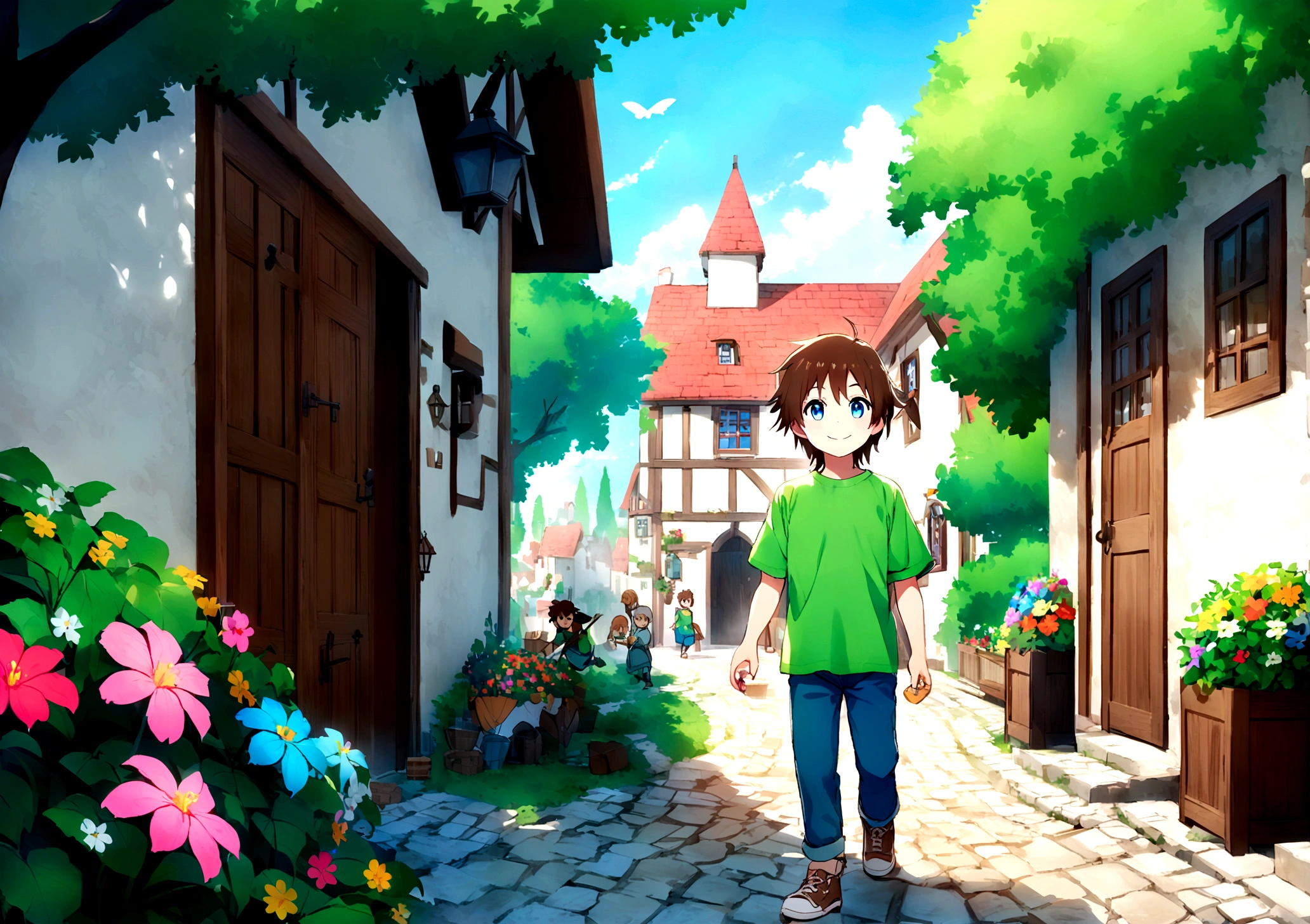 Jack is an eight-year-old boy with tousled brown hair and bright blue eyes. He wears worn-out blue jeans, a bright green t-shirt and sturdy brown sneakers. Jack is exploring the quaint village, his bright eyes filled with curiosity and excitement. He is walking along a cobblestone street, passing by small, charming houses with colorful flowers blooming in window boxes. The village is alive with activity; a baker stands outside his shop, a blacksmith works at his forge, and children play near a fountain. In the background, lush green trees and a clear blue sky indicate a sunny day. Jack's energetic presence and wide smile add to the warm and inviting atmosphere as he discovers new corners of the village, perhaps pausing to inspect a butterfly or to greet a friendly villager.