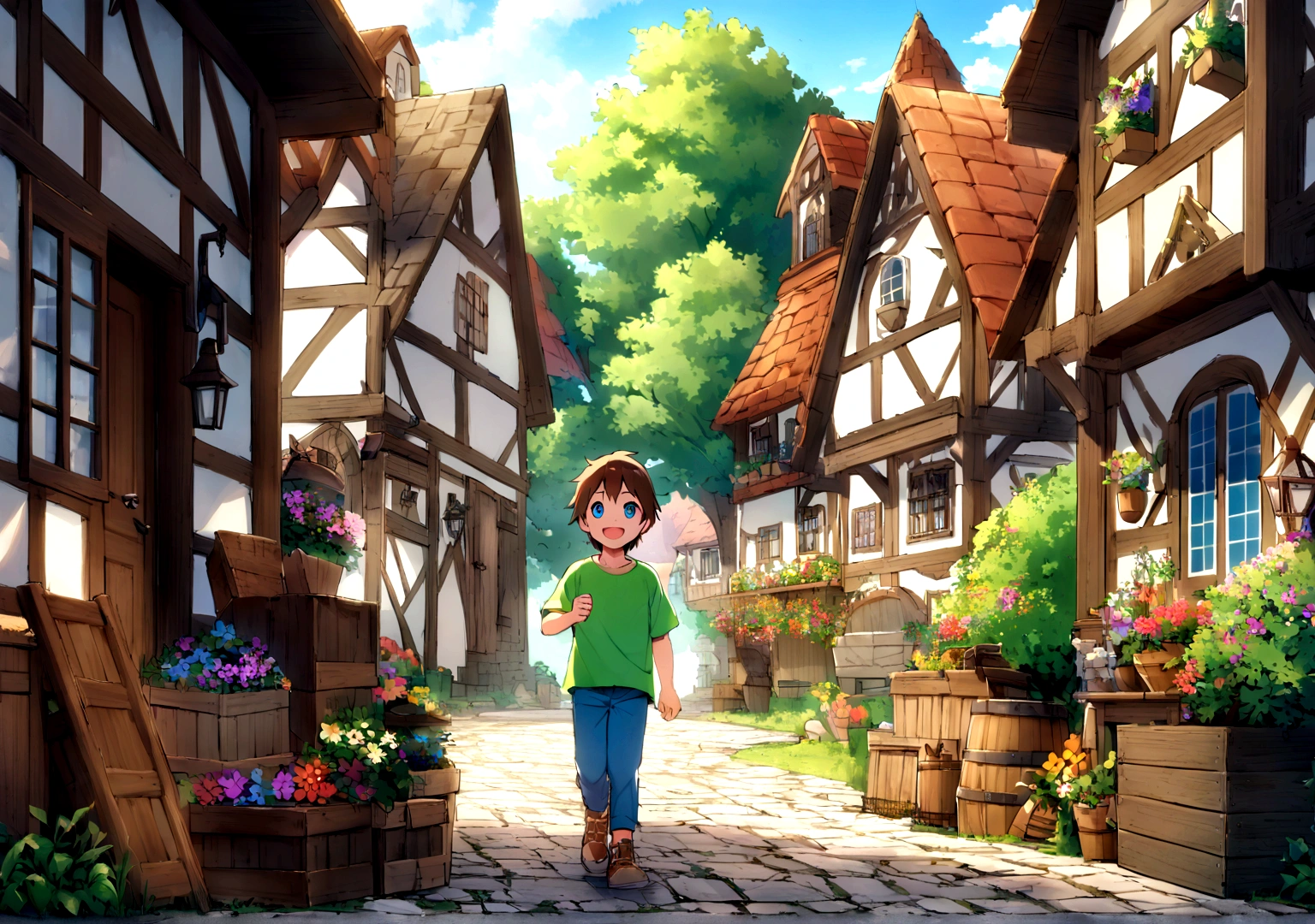 Jack is an eight-year-old boy with tousled brown hair and bright blue eyes. He wears worn-out blue jeans, a bright green t-shirt and sturdy brown sneakers. Jack is exploring the quaint village, his bright eyes filled with curiosity and excitement. He is walking along a cobblestone street, passing by small, charming houses with colorful flowers blooming in window boxes. The village is alive with activity; a baker stands outside his shop, a blacksmith works at his forge, and children play near a fountain. In the background, lush green trees and a clear blue sky indicate a sunny day. Jack's energetic presence and wide smile add to the warm and inviting atmosphere as he discovers new corners of the village, perhaps pausing to inspect a butterfly or to greet a friendly villager.