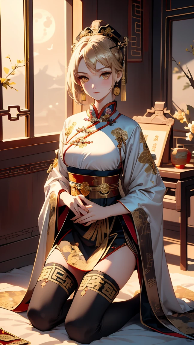 A very beautiful 19-year-old woman, (white hair:0.5), bob haircut, short hair, (yellow eyes:0.5) bright golden eyes, red nails, young beautiful face, muscular, slim but well-proportioned body, perfect white skin, highly detailed drawing, realistic face. (((Wearing traditional Chinese imperial clothes, ornately decorated in black with gold details:1.5))) ((red skirt with golden details,)) (with red Hanafuda earrings,) (garterbelt black thigh-high socks.) Kneeling on a white bed in an ancient Chinese room, with a full moon and stars visible through the window at night, with light flashes refleting on hear body. 4k anime ART, perfect lighting