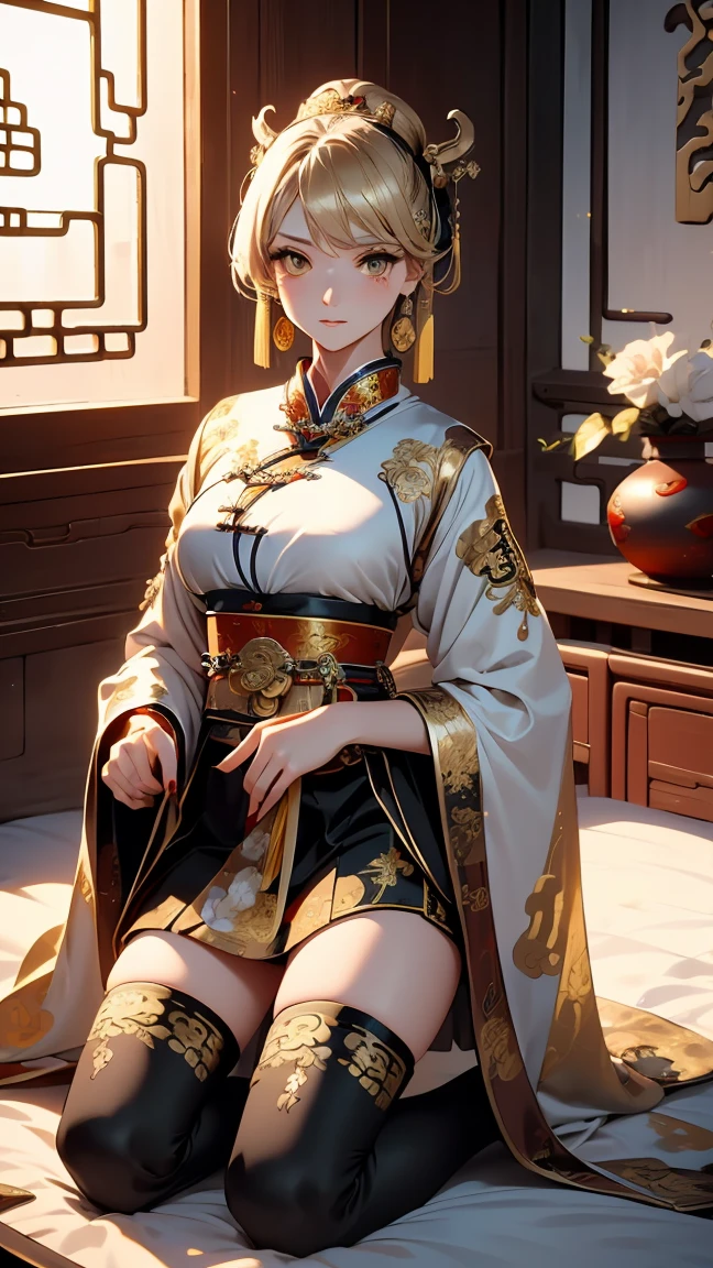 A very beautiful 19-year-old woman, (white hair:0.5), bob haircut, short hair, (yellow eyes:0.5) bright golden eyes, red nails, young beautiful face, muscular, slim but well-proportioned body, perfect white skin, highly detailed drawing, realistic face. (((Wearing traditional Chinese imperial clothes, ornately decorated in black with gold details:1.5))) ((red skirt with golden details,)) (with red Hanafuda earrings,) (garterbelt black thigh-high socks.) Kneeling on a white bed in an ancient Chinese room, with a full moon and stars visible through the window at night, with light flashes refleting on hear body. 4k anime ART, perfect lighting