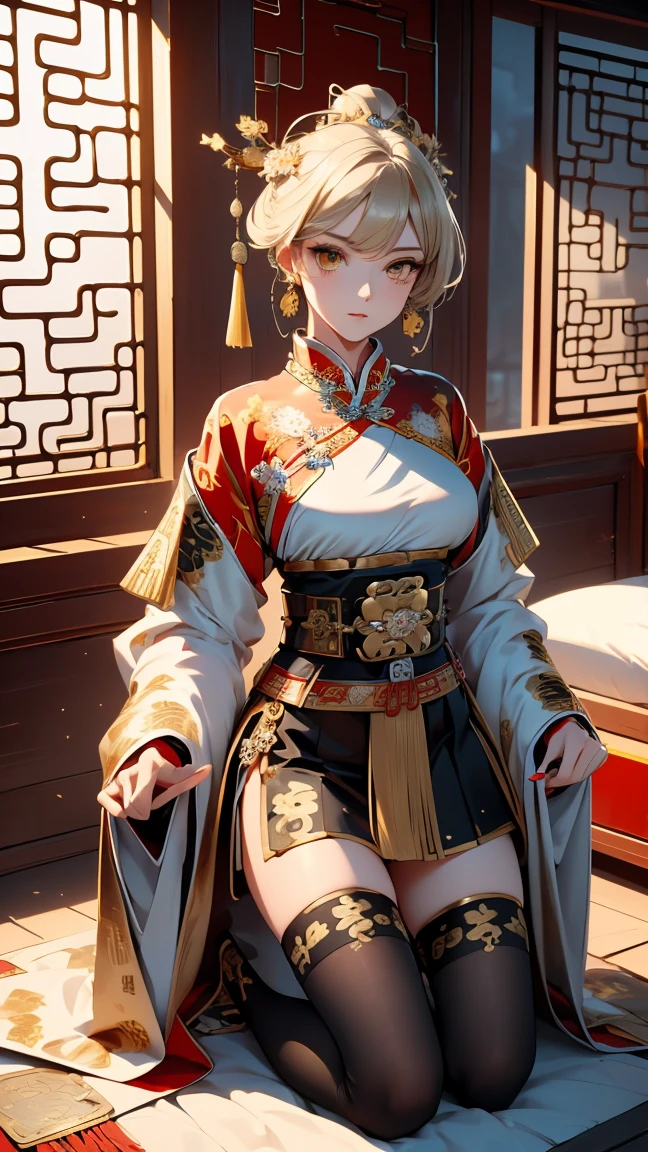 A very beautiful 19-year-old woman, (white hair:0.5), bob haircut, short hair, (yellow eyes:0.5) bright golden eyes, red nails, young beautiful face, muscular, slim but well-proportioned body, perfect white skin, highly detailed drawing, realistic face. (((Wearing traditional Chinese imperial clothes, ornately decorated in black with gold details:1.5))) ((red skirt with golden details,)) (with red Hanafuda earrings,) (garterbelt black thigh-high socks.) Kneeling on a white bed in an ancient Chinese room, with a full moon and stars visible through the window at night, with light flashes refleting on hear body. 4k anime ART, perfect lighting