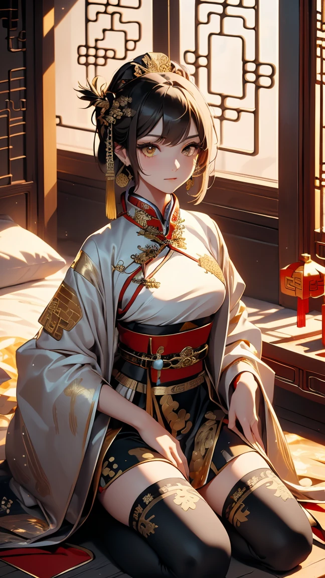 A very beautiful 19-year-old woman, (white hair:0.5), bob haircut, short hair, (yellow eyes:0.5) bright golden eyes, red nails, young beautiful face, muscular, slim but well-proportioned body, perfect white skin, highly detailed drawing, realistic face. (((Wearing traditional Chinese imperial clothes, ornately decorated in black with gold details:1.5))) ((red skirt with golden details,)) (with red Hanafuda earrings,) (garterbelt black thigh-high socks.) Kneeling on a white bed in an ancient Chinese room, with a full moon and stars visible through the window at night, with light flashes refleting on hear body. 4k anime ART, perfect lighting