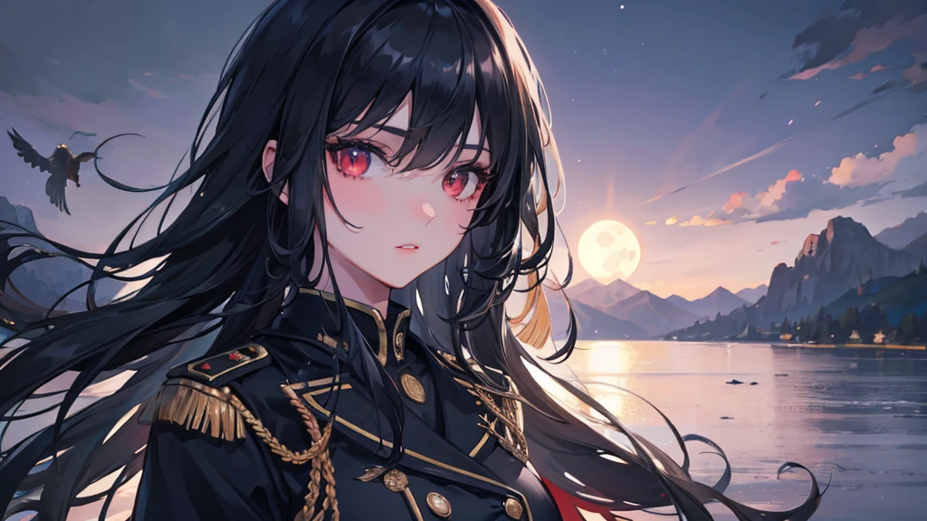 a beautiful young girl in a black military uniform, black long hair, red eyes, standing under a full moon with the moonlight casting shadows on her face, reflected in the calm waters of a lake, with ethereal, fantastical atmosphere, (best quality,4k,8k,highres,masterpiece:1.2),ultra-detailed,(realistic,photorealistic,photo-realistic:1.37),highly detailed face, eyes, lips, long eyelashes, dramatic lighting, dramatic shadows, beautiful detailed eyes, beautiful detailed lips, extremely detailed eyes and face, long eyelashes, military uniform, black hair, red eyes, full moon, moonlight, lake, water reflection, light particles, fantasy, dramatic, cinematic