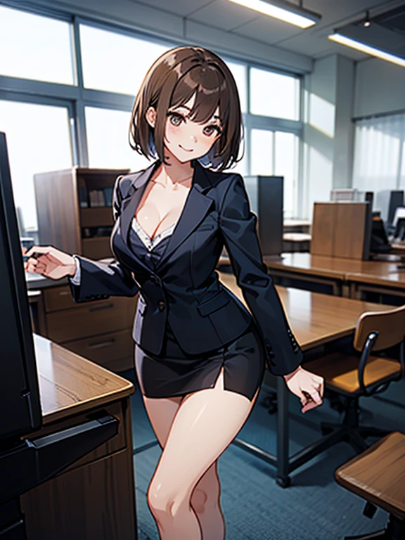 (Highest quality, 8K, 32k, masterpiece, Ultra-high resolution: 1.2), 1 Girl, Beautiful Japanese Woman, thinウエスト, Gray suit, Open jacket, 魅力的なoffice Lady, suit, Tight Skirt, office, office, machine, Beautiful Face, Brown Hair, Bob Hair, Saggy eyes, Muscular,Slender figure,Cleavage, thin, whole body, Detailed expression down to the fingertips,Sexy thighs, One Woman, alone, A charming smile