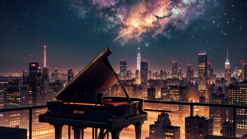 Create a detailed illustration of a vast urban landscape with numerous buildings, focusing on a nighttime city. In the distance, on the rooftop of one of the buildings, there should be a girl with long red hair playing the piano. The cityscape features a mix of architectural styles, with tall skyscrapers and smaller buildings creating a dynamic skyline. The atmosphere is serene and slightly melancholic, with the city illuminated by soft lights from the buildings' windows and streetlights. The girl on a rooftop in the distance should be clearly visible, playing a grand piano under the glow of the city lights. A few birds can be seen flying in the sky. There are small parks and green spaces interspersed among the buildings, providing a touch of nature within the urban environment. The sky is filled with stars, adding to the tranquil atmosphere of the scene. The image should convey a moment of peace in the midst of a chaotic and difficult day.