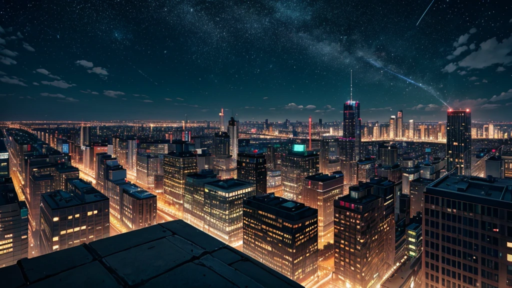 Create a detailed illustration of a vast urban landscape with numerous buildings, focusing on a nighttime city. In the distance, on the rooftop of one of the buildings, there should be a girl with long red hair playing the piano. The cityscape features a mix of architectural styles, with tall skyscrapers and smaller buildings creating a dynamic skyline. The atmosphere is serene and slightly melancholic, with the city illuminated by soft lights from the buildings' windows and streetlights. The girl on a rooftop in the distance should be clearly visible, playing a grand piano under the glow of the city lights. A few birds can be seen flying in the sky. There are small parks and green spaces interspersed among the buildings, providing a touch of nature within the urban environment. The sky is filled with stars, adding to the tranquil atmosphere of the scene. The image should convey a moment of peace in the midst of a chaotic and difficult day.