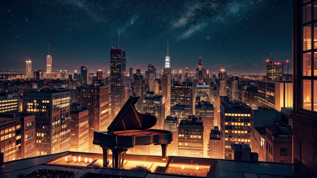 Create a detailed illustration of a vast urban landscape with numerous buildings, focusing on a nighttime city. In the distance, on the rooftop of one of the buildings, there should be a girl with long red hair playing the piano. The cityscape features a mix of architectural styles, with tall skyscrapers and smaller buildings creating a dynamic skyline. The atmosphere is serene and slightly melancholic, with the city illuminated by soft lights from the buildings' windows and streetlights. The girl on a rooftop in the distance should be clearly visible, playing a grand piano under the glow of the city lights. A few birds can be seen flying in the sky. There are small parks and green spaces interspersed among the buildings, providing a touch of nature within the urban environment. The sky is filled with stars, adding to the tranquil atmosphere of the scene. The image should convey a moment of peace in the midst of a chaotic and difficult day.