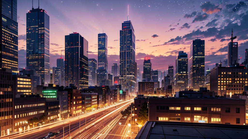 Create a detailed illustration of a vast urban landscape with numerous buildings, focusing on a nighttime city. In the distance, on the rooftop of one of the buildings, there should be a girl with long red hair playing the piano. The cityscape features a mix of architectural styles, with tall skyscrapers and smaller buildings creating a dynamic skyline. The atmosphere is serene and slightly melancholic, with the city illuminated by soft lights from the buildings' windows and streetlights. The girl on a rooftop in the distance should be clearly visible, playing a grand piano under the glow of the city lights. A few birds can be seen flying in the sky. There are small parks and green spaces interspersed among the buildings, providing a touch of nature within the urban environment. The sky is filled with stars, adding to the tranquil atmosphere of the scene. The image should convey a moment of peace in the midst of a chaotic and difficult day.