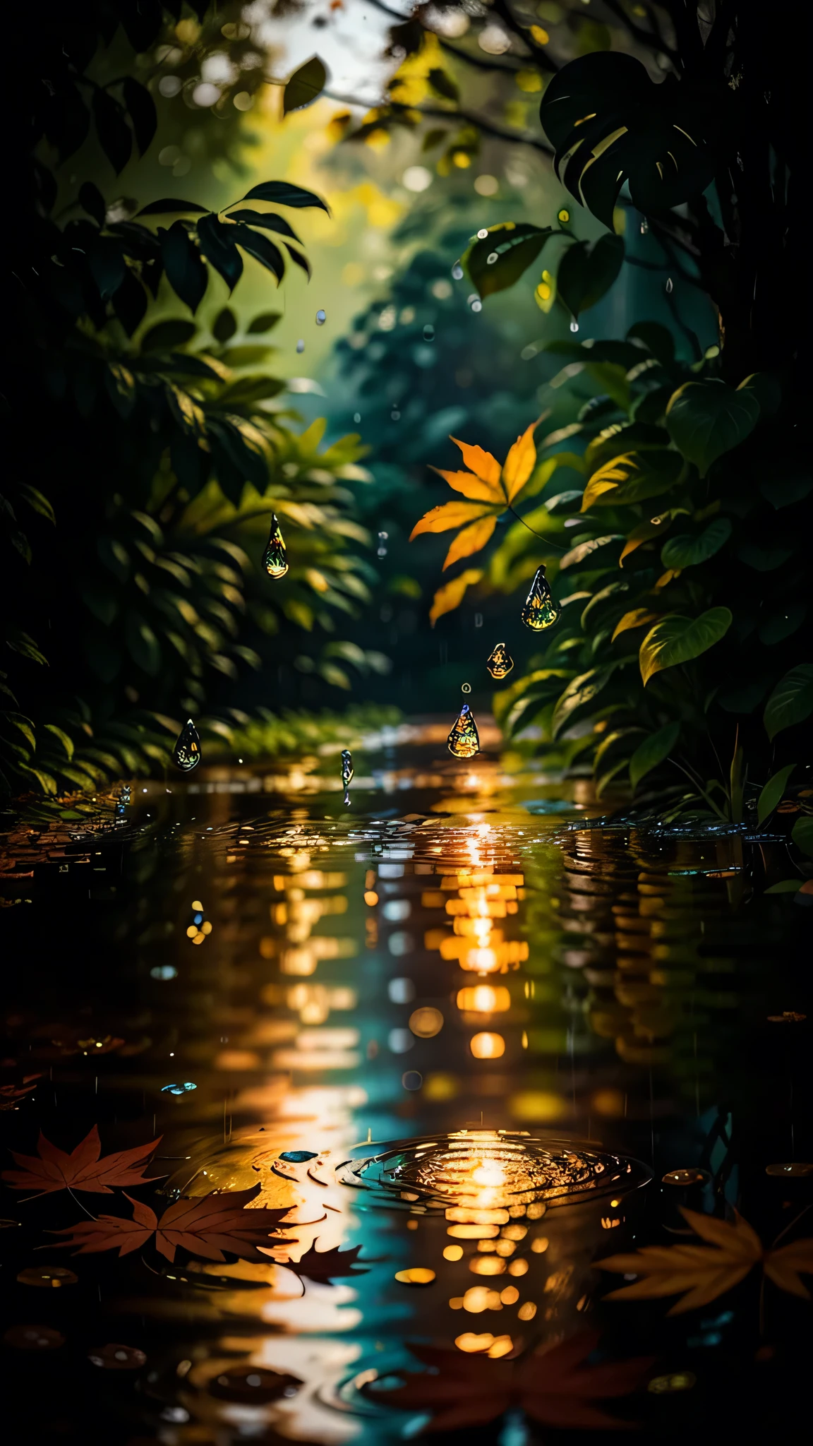 Picture of leaves and raindrops, Romantic landscape style, Canon EOS 5D Mark IV, Sunshine Impressionism, Traditional Vietnamese cuisine, Sparkling water reflections, High-quality photos, Stock Photo - AR 2:3-5