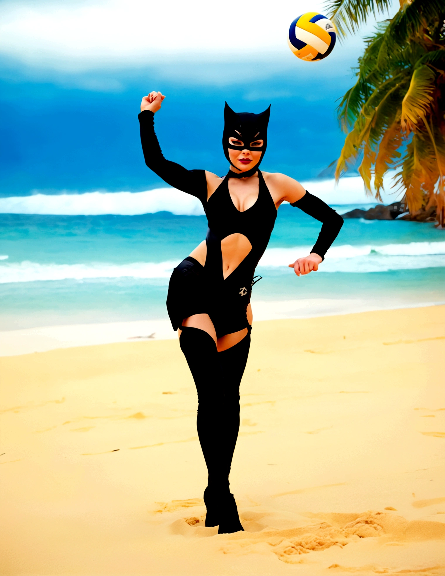 as Catwoman in a sinfully sexy beach outfit is playing volleyball on the beach