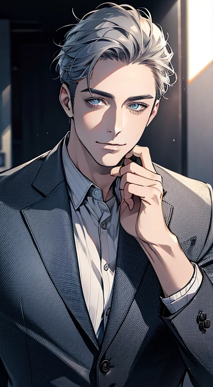 (best quality,4k,8k,highres,masterpiece:1.2),ultra-detailed,(realistic,photorealistic,photo-realistic:1.37),1 man,31 years old,mature man,very handsome,without expression,smile,short grey blue hair,blue eyes,penetrating gaze,perfect face without errors,imposing posture,businessman,office background,cinematic lighting,hdr image