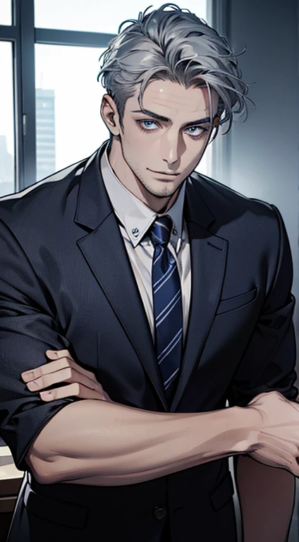 (best quality,4k,8k,highres,masterpiece:1.2),ultra-detailed,(realistic,photorealistic,photo-realistic:1.37),1 man,31 years old,mature man,very handsome,without expression,smile,short grey blue hair,blue eyes,penetrating gaze,perfect face without errors,imposing posture,businessman,office background,cinematic lighting,hdr image