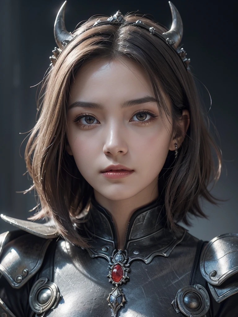 Masterpiece,Best quality,High resolution,8K,((Portrait)),(Head close-up),Original photo,Real photo,Digital photo,20 year old girl,((Short gray hair)),((Eyes red,Devil's eyes),Jewelry,Beautiful elegant,Arrogant,Noble and charming,(Fantasy battle suit),(Devil's body),Crown,(Battle girl),Pose for photo,Night,Ancient city background,OC render reflection texture