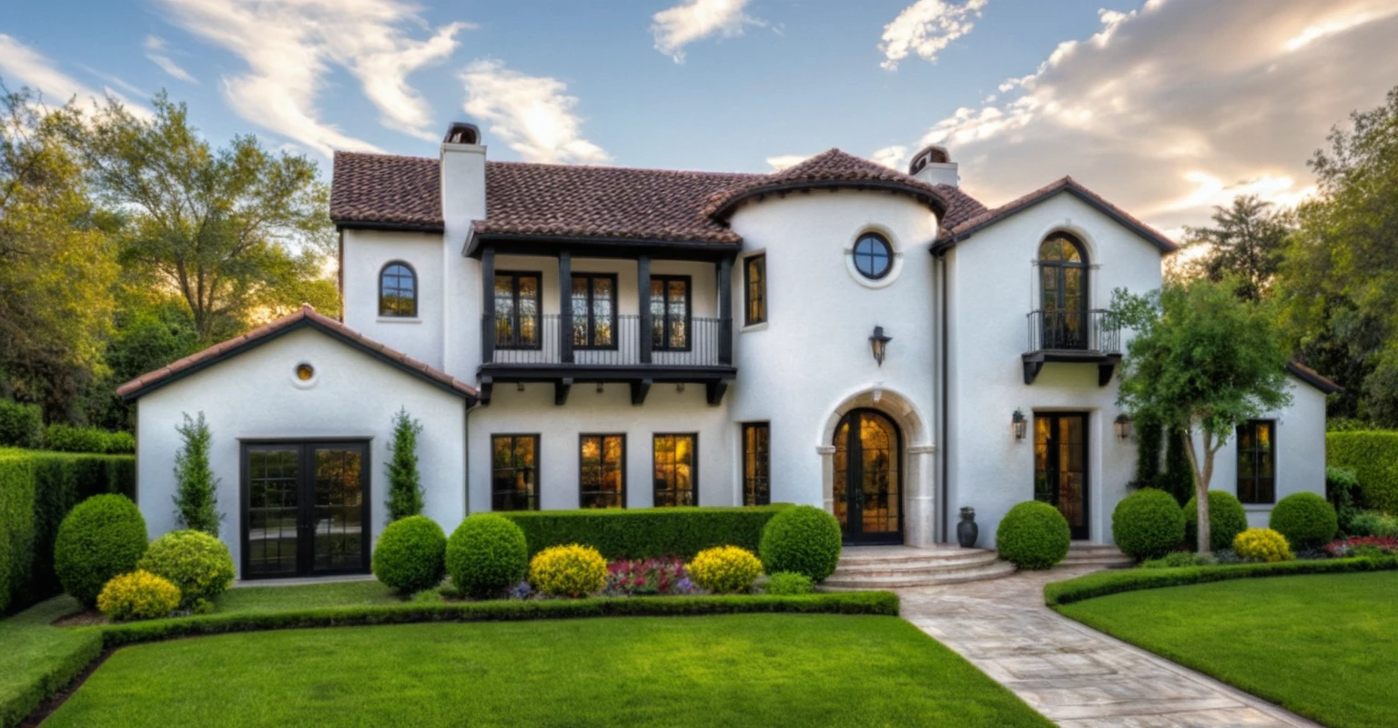 (RAW photo, masterpiece, best quality,ultra-detailed, extremely delicate and beautiful, highresolution, best shadow:1.1), A Mediterranean Italian style home with white stucco walls, black accents and windows, large front yard, vivid color, beautiful shrubs and flower, (curve wall), tropical tree and plants, professional photography in the style of an Italian classic home.