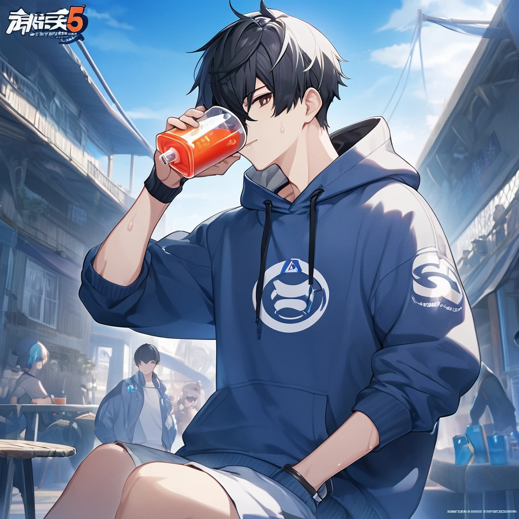 24-year-old male, Just sweating, Drinking a sports drink under a blue sky, Wearing hoodies and sweatshirts, high resolution, Official Art, beautiful, soft style, Extremists, --Rainbow 5
