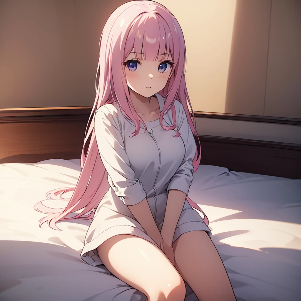 ((masterpiece)), ((Best Quality)), (Ultra-detailed), Anime style, Cute , 1girl in, Solo, 8k, sitting on the bed , no pant,nobra