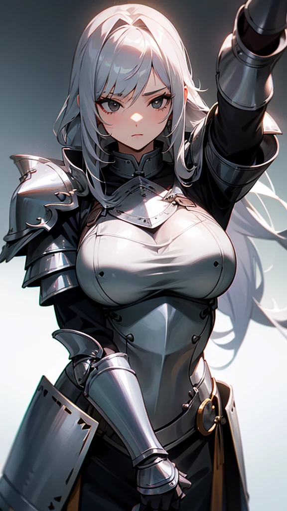 long silver hair girl, black eyes, big breasts, knight armor, Age 18, human