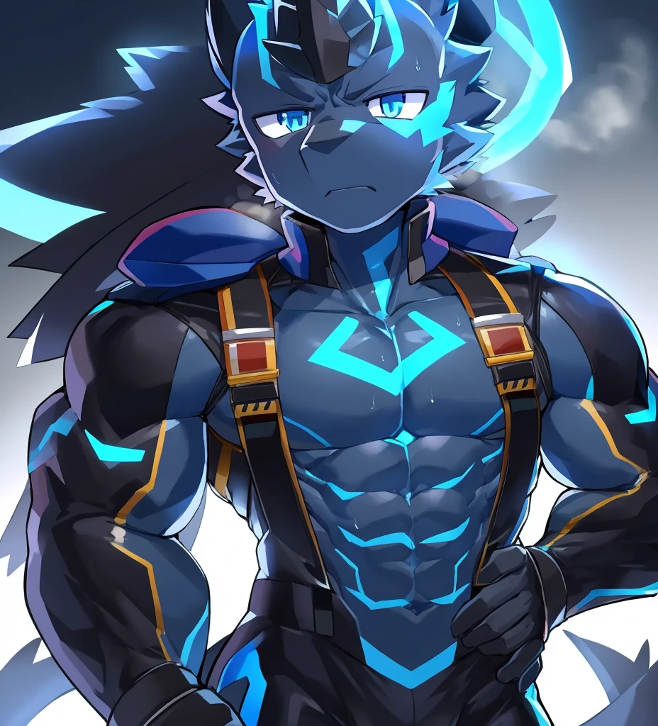 Thin macho　western black dragon　　abs　　　　　Hollow abs　　body suit　　thick arms　　　chest rig　　　、sweaty　　　skin glow　　profile　　Wearily　short of breath　　  　Chemo shota　　
have a 　blue eyes　Tired look jacket