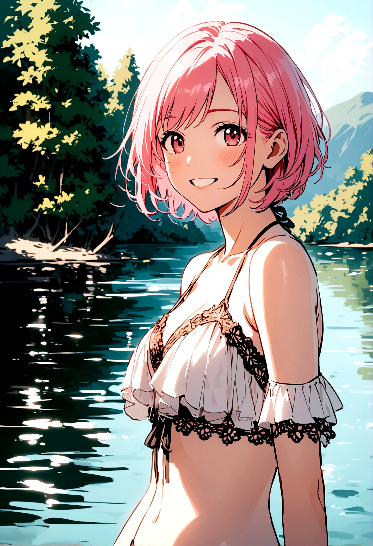 pink hair girl, short hair, no bangs, no bangs, smiling, bikini at lake