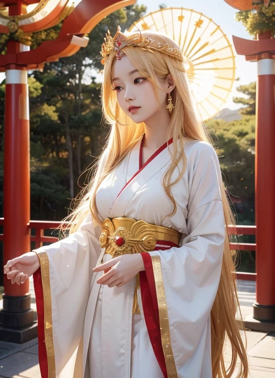 "Amaterasu Omikami, the Japanese Sun Goddess from mythology. Depict a beautiful and radiant woman with golden hair and a graceful demeanor, dressed in a white and red divine robe. She is surrounded by the divine light of the sun, symbolizing purity and power. The background features elements of a sacred Shinto shrine or a serene natural landscape, enhancing the sacred and majestic presence of the goddess."

