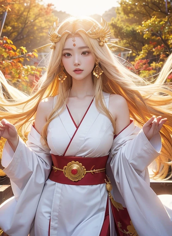 "Amaterasu Omikami, the Japanese Sun Goddess from mythology. Depict a beautiful and radiant woman with golden hair and a graceful demeanor, dressed in a white and red divine robe. She is surrounded by the divine light of the sun, symbolizing purity and power. The background features elements of a sacred Shinto shrine or a serene natural landscape, enhancing the sacred and majestic presence of the goddess."

