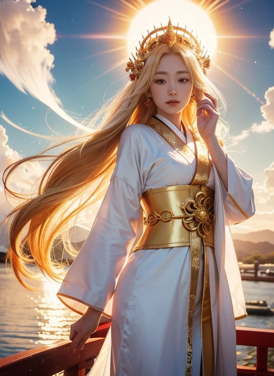 "Amaterasu Omikami, the Japanese Sun Goddess from mythology. Depict a beautiful and radiant woman with golden hair and a graceful demeanor, dressed in a white and red divine robe. She is surrounded by the divine light of the sun, symbolizing purity and power. The background features elements of a sacred Shinto shrine or a serene natural landscape, enhancing the sacred and majestic presence of the goddess."

