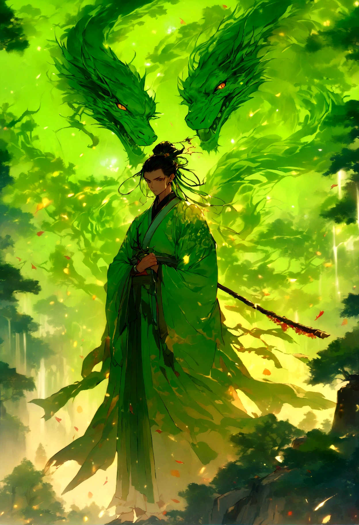 (tmasterpiece), (Best quality), Cinematic quality，Rendered by Octane，Ultra-detailed details，1人，Face of a young man，Facial detail portrayal，Perfect facial features,(trees growing like crazy:1.5)，mapu，wood chips，splash，The air is filled with green toxic gas，Particle，vines flying， staredown, watch audience, Ancient Chinese Hanfu,（Full body lesbian ：1.3）, （Behind him，There is a huge plate with  classical pattern：1.5）