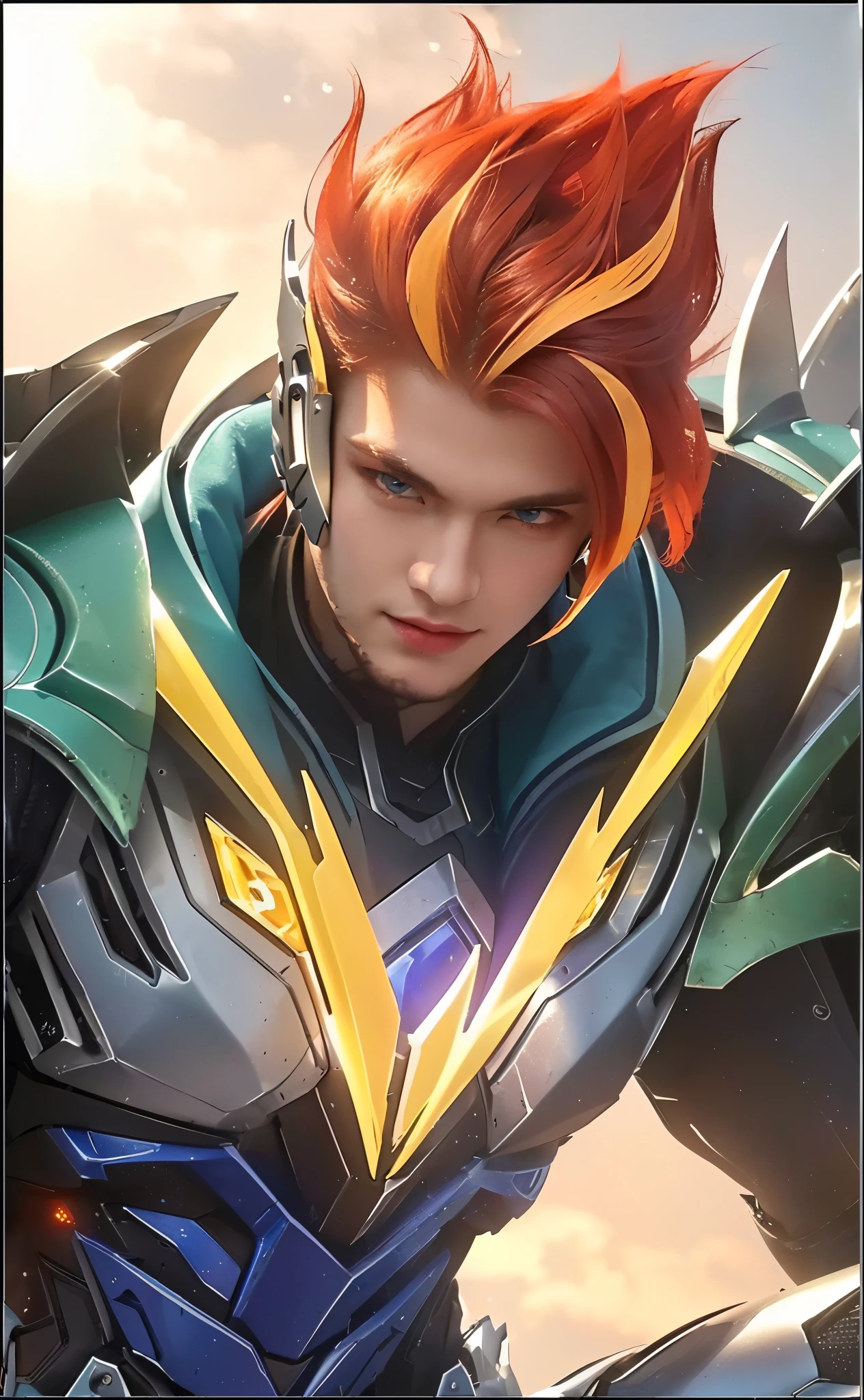 a close up of a boy with striking red hair, piercing blue eyes, beautiful detailed facial features, evil-smiled, ramatic lighting, futuristic armor, fantasy style, cinematic composition, (best quality,4k,8k,highres,masterpiece:1.2),ultra-detailed,(realistic,photorealistic,photo-realistic:1.37),HDR,UHD,studio lighting,ultra-fine painting,sharp focus,physically-based rendering,extreme detail description,professional,vivid colors,bokeh