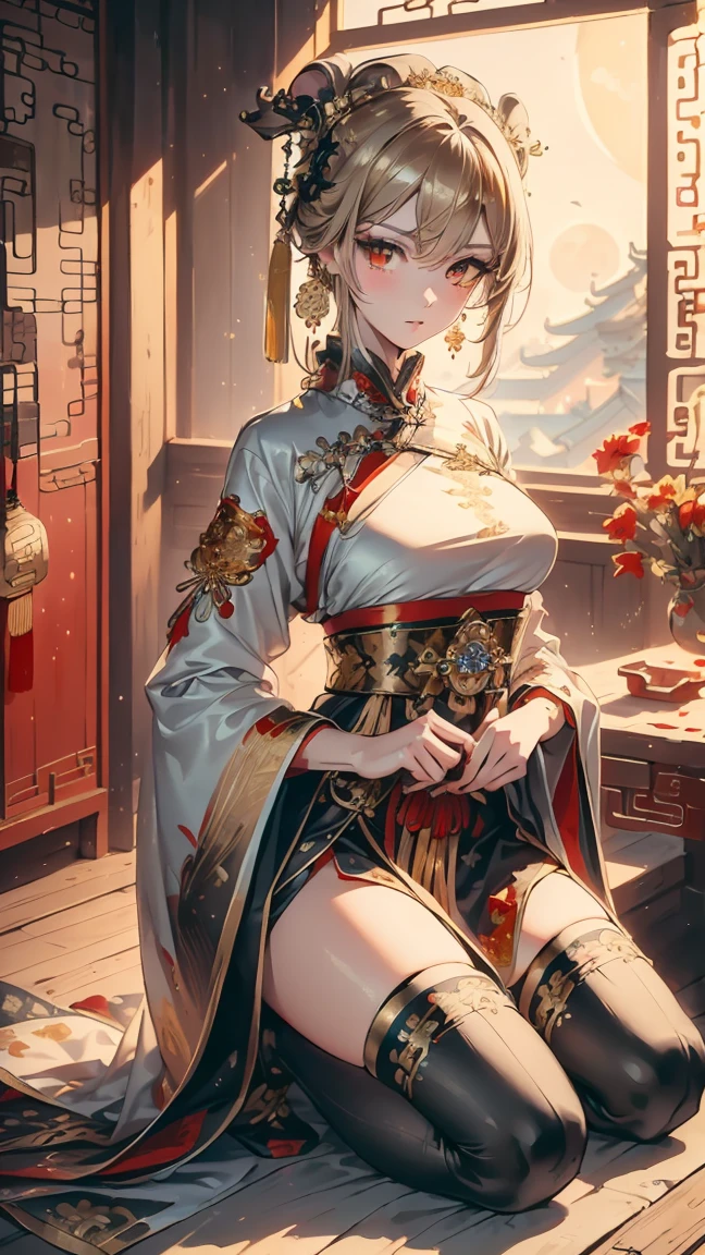 A very beautiful 19-year-old woman, (white hair:0.5), bob haircut, short hair, (yellow eyes:0.5) bright golden eyes, red nails, young beautiful face, muscular, slim but well-proportioned body, perfect white skin, highly detailed drawing, realistic face. (((Wearing traditional Chinese imperial clothes, ornately decorated in black with gold details:1.5))) ((red skirt with golden details,)) (with red Hanafuda earrings,) (garterbelt black thigh-high socks.) Kneeling on a white bed in an ancient Chinese room, with a full moon and stars visible through the window at night, with light flashes refleting on hear body. 4k anime ART, perfect lighting