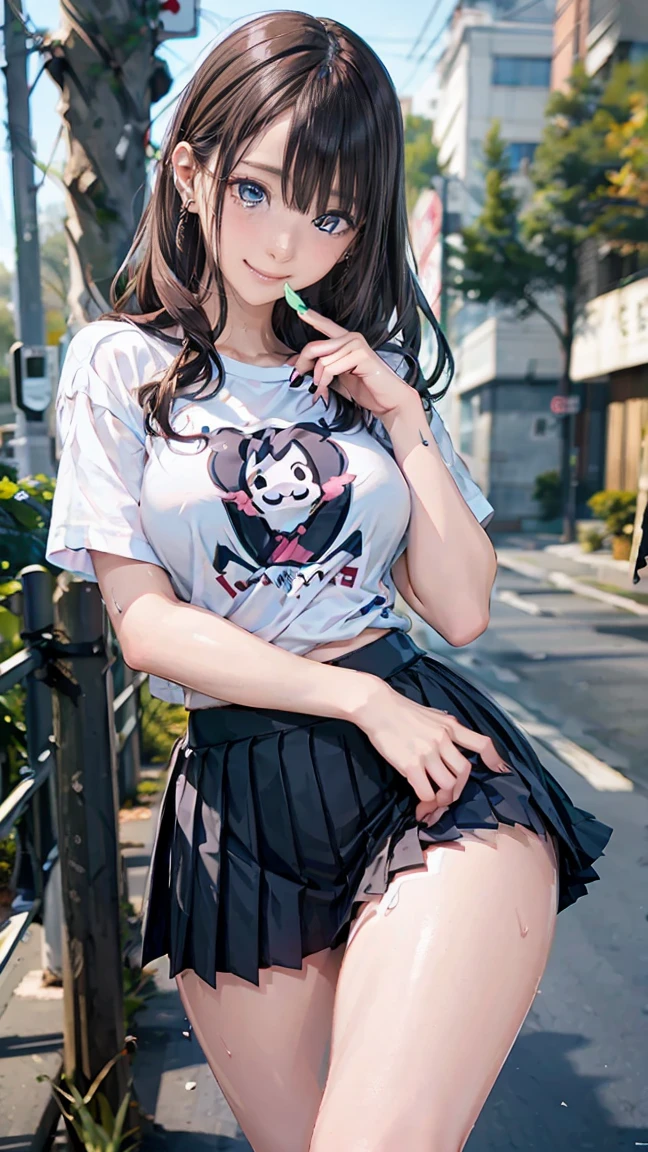 ((((highest quality)))), (((Ultra-precision CG 16K))), (((masterpiece))), (((Very detailed))), (((Extremely detailed))), (((Black outline:1.3, Written boundary depth:1.3 , Written soft outline))), Maximum clarity and sharpness,Multilayer Texture, Surface Shading, Cinematic lighting, Beautiful details sparkle ,Perfect Proportions, Limited to three woman, BREAK accurate, Anatomically correct, Highly detailed face and skin texture, drawn in detail, Highly detailed facial and skin texture, Detailed eyes, beautiful hair, Beautiful Japanese Idol face, Beautiful and beautiful eyes, Beautiful body, Beautiful breasts, Beautiful thighs, Beautiful legs, Beautiful fingers, (Beautiful views) , skinny body, ((Beautiful Skin)), ((Skin Texture)) BREAK breast enlarged, large Breasts, rocket breasts, (((perky breasts))), covered nipples, slender waist, (smiling , narrow eyes, blush, determined expression, hot, sweaty , Heavy breathing,) BREAK (((wearing oversized character print t-shirt, wearing pleats mini-skirt, breasts is covered by outfit))) , wearing earrings, BREAK ( stick breast out),(((looking at viewer, super detailed background , summer sky, high school student drinking and put a straw in the mouth on street, leaning against wall))),