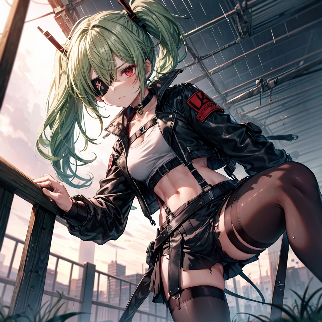 ((Highest quality)), ((masterpiece)), ((detailed)), (4K), 1woman, 独奏, ((eyepatch)), red eye, middle hair, messy hair, green hair, side ponytail, (fighter), crop top, leather jacket, medium breasts, see through, Torn miniskirt, suspender skirt, torn pantyhose, choker, bracelet, ((rain)), (wet), gloves, (expressionless), scowl, (from below), (looking down), face focus, looking at viewer, (open legs), fighting stance, wasteland, town, blurry background