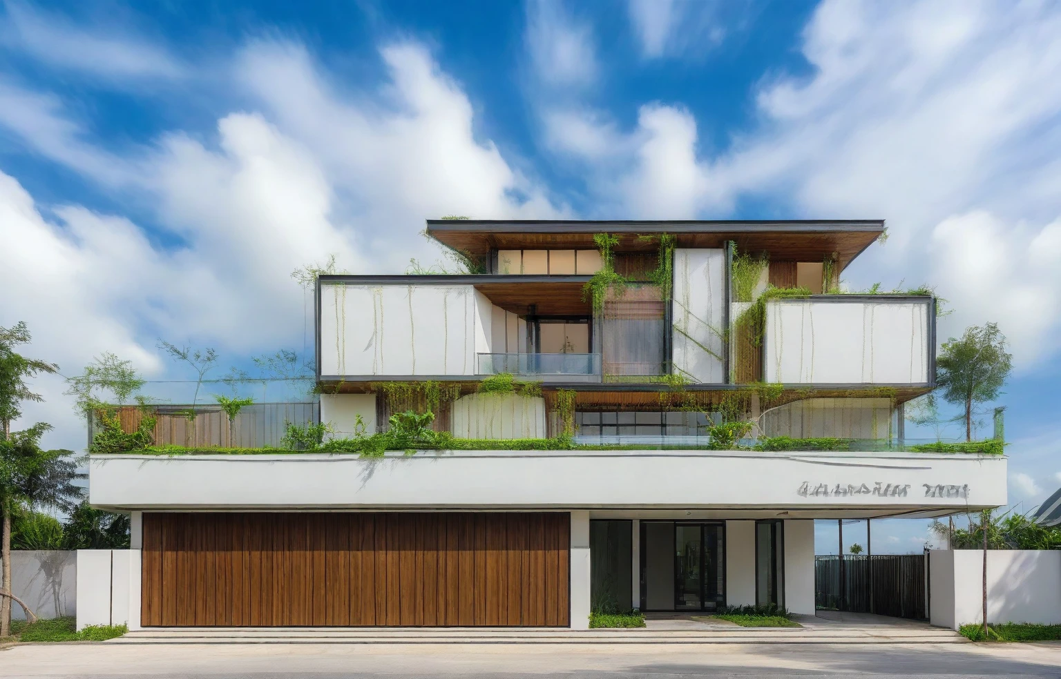 exterior house, contemporary style, white wall, wood wall, steel door, glass window, (realistic:1.2), Masterpiece, high quality, best quality, authentic, super detail, outdoors,road, trees, sky, cloud, (daylight:1.1), modern luxury villa, coconut trees, landscape, along the white beach, clear sky, day time, warm lighting RAW Photo, RAW texture, Super Realistic, 32K UHD, DSLR, soft lighting, high quality, film rating, Fujifilm XT3,Modern, Residential Architecture, car in front of house