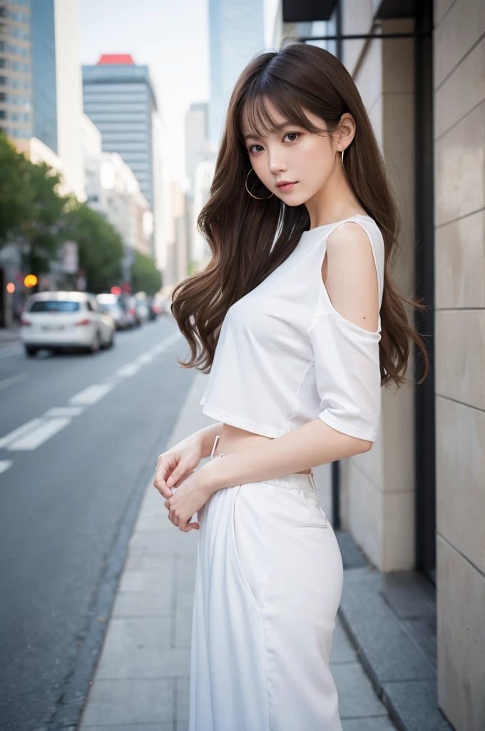 {{{Ultra Detail}}}, {{{realistic}}}, {{{depth of field}}}, full body, from side, head tilt, incredibly detailed, longuette, 1 girls, 30 years old, very long hair, curly hair, high ponytail, light brown hair, beatiful detailed hair, Perfect face, Delicate arms and hands, slim legs, white skin, piercing, oversized clothes, large top sleeves, black trousers, open clothes, cityscape, delicate background, blurry background, an extremely delicate and beautiful, {{{wallpaper 8k CG}}}, {{{best quality}}}, {{{best masterpiece}}},ロングスカート