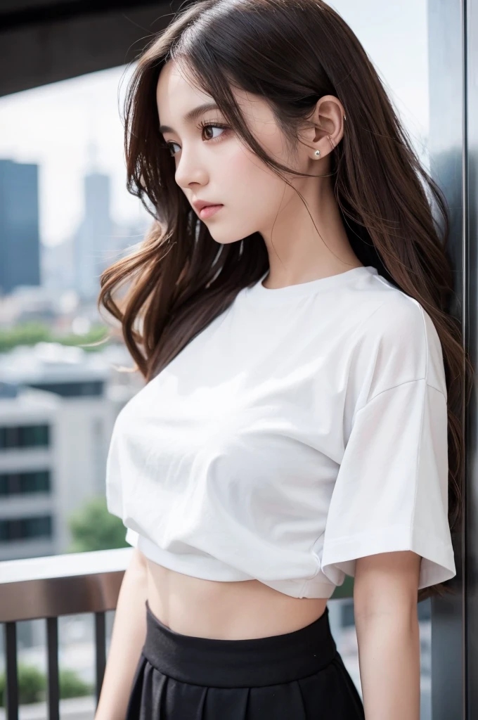 {{{Ultra Detail}}}, {{{realistic}}}, {{{depth of field}}}, full body, from side, head tilt, incredibly detailed, longuette, 1 girls, 30 years old, very long hair, curly hair, high ponytail, light brown hair, beatiful detailed hair, Perfect face, Delicate arms and hands, slim legs, white skin, piercing, oversized clothes, large top sleeves, black trousers, open clothes, cityscape, delicate background, blurry background, an extremely delicate and beautiful, {{{wallpaper 8k CG}}}, {{{best quality}}}, {{{best masterpiece}}},ロングスカート