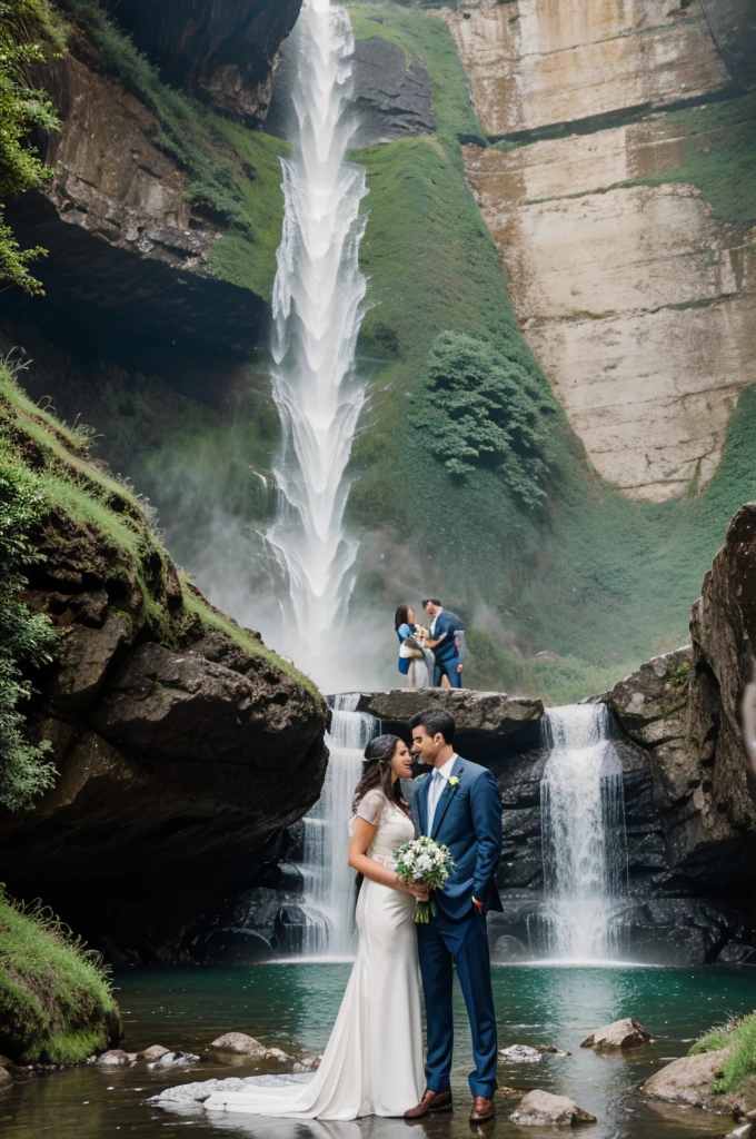 Create a married couple standing nearby a beautiful waterfall with their face fully clear