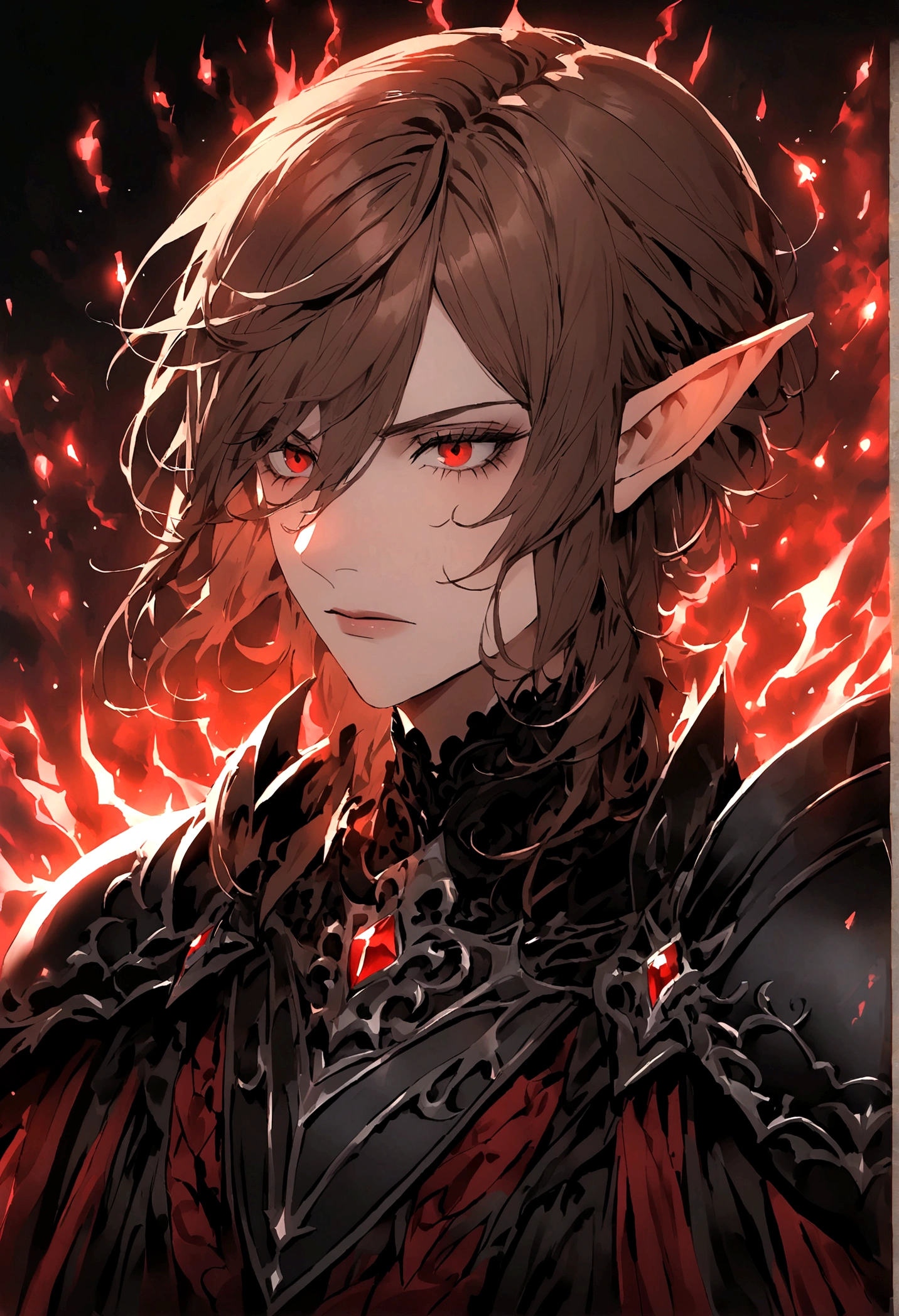 Portrait of a noble knight,Dignified,Royal Knights,armour,opulent,ultra - detailed,realisticlying, elf male, menacing red aura, long brown hair