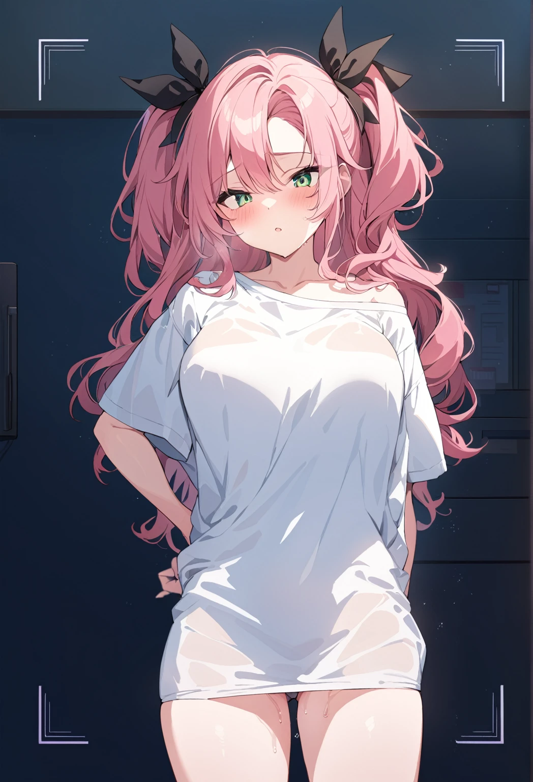 masterpiece:1.2,Best quality,Very detailed, Pink long hair,Green eyes,A standing anime girl