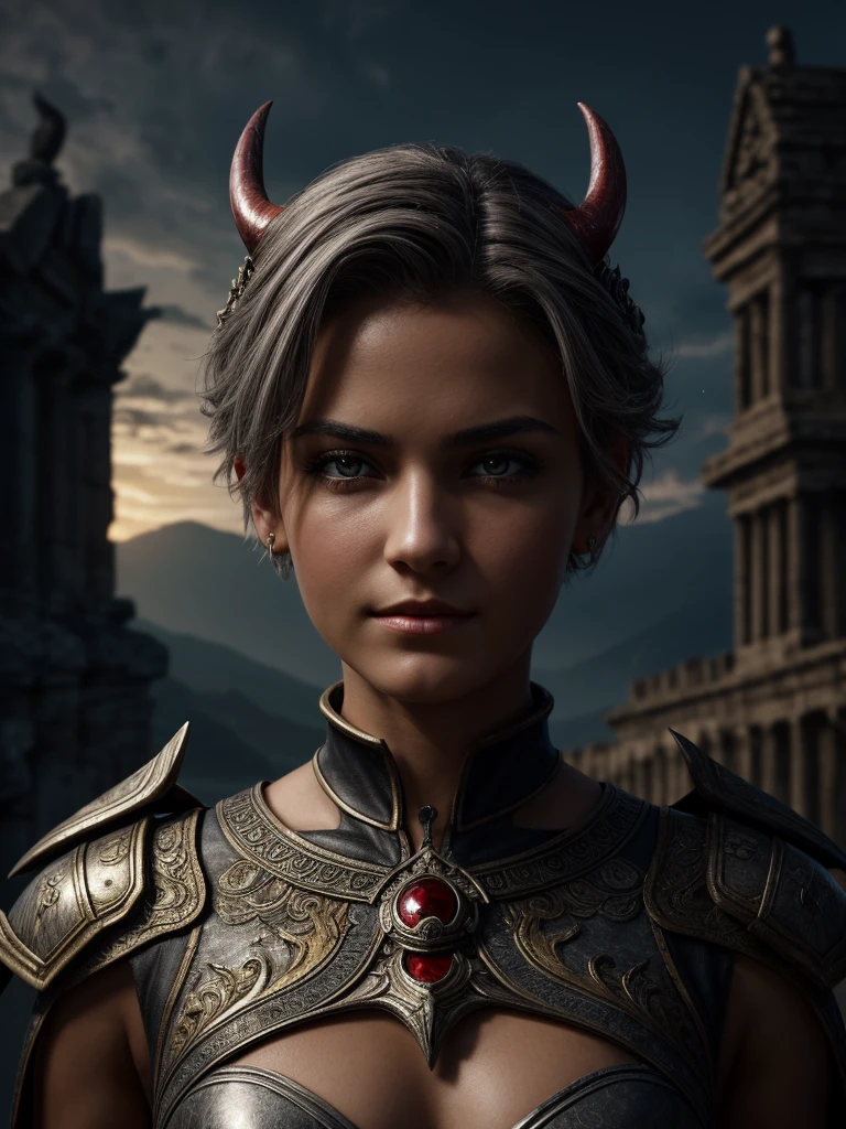 Masterpiece，Best quality，High resolution，8K，((Portrait))，(Head close-up)，Original photo，Real photo，Digital photo，20 year old girl，((Short gray hair))，((Eyes red，Devil's eyes)，Jewelry，Beautiful elegant，Arrogant，Noble and charming，(Fantasy battle suit)，(Devil's body)，Crown，(Battle girl)，Pose for photo，Night，Ancient city background，OC render reflection texture