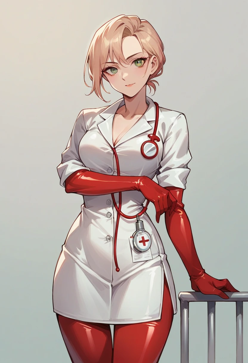 1girl, light hair, ((red elbow gloves)), ((surgical gloves)), ((latex gloves)), ((long sleeves)) ((red surgeon outfit)), looking at viewer, ((red doctor outfit)), standing, solo