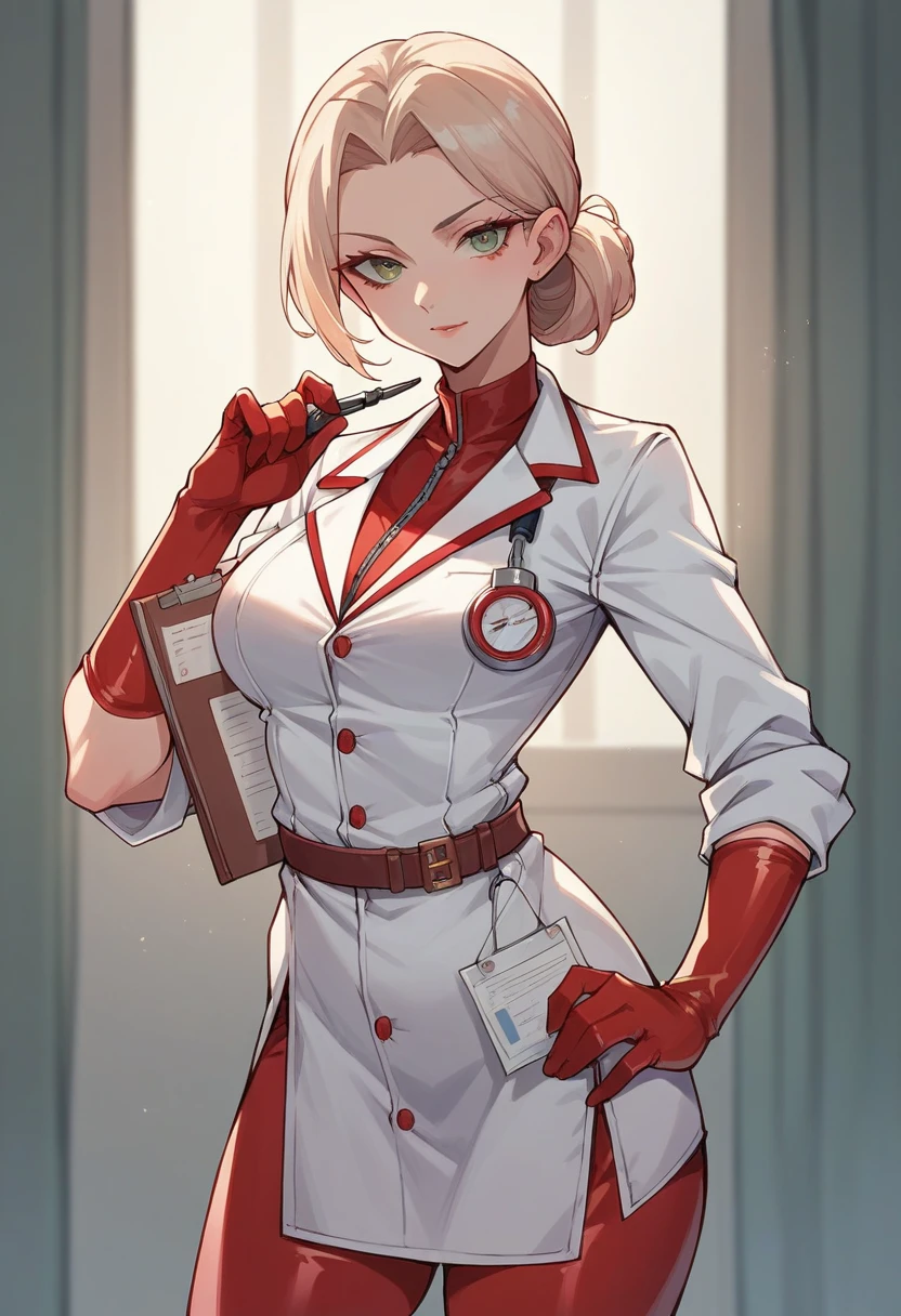 1girl, light hair, ((red elbow gloves)), ((surgical gloves)), ((latex gloves)), ((long sleeves)) ((red surgeon outfit)), looking at viewer, ((red doctor outfit)), standing, solo