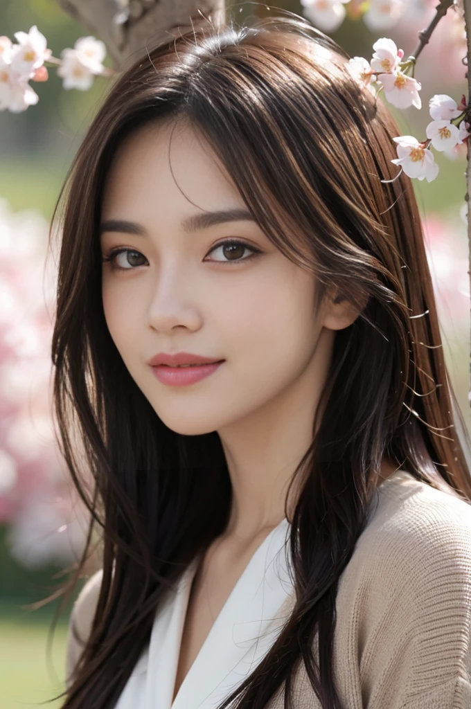 masterpiece, Best Quality, Photorealistic, Ultra-detailed, finely detailed, High resolution, 8K Wallpaper, 1 beautiful woman, light brown messy hair, foco nítido, Perfect dynamic composition, Beautiful detailed eyes, detailed hairs, Detailed realistic skin texture, Smiling, Portrait, Model body type, Take a walk in the park with cherry blossoms,