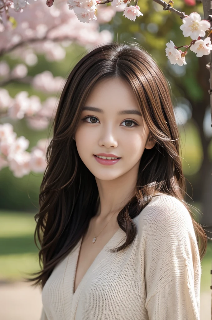 masterpiece, Best Quality, Photorealistic, Ultra-detailed, finely detailed, High resolution, 8K Wallpaper, 1 beautiful woman, light brown messy hair, foco nítido, Perfect dynamic composition, Beautiful detailed eyes, detailed hairs, Detailed realistic skin texture, Smiling, Portrait, Model body type, Take a walk in the park with cherry blossoms,