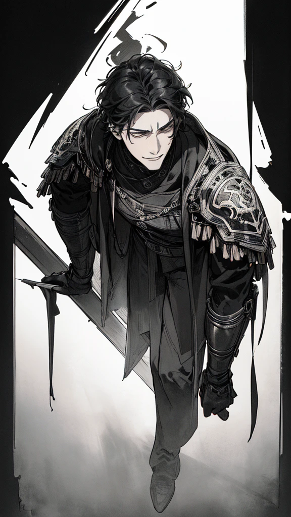 Best quality, (background_detail), high_contrast, detail_original_illustration, warrior, muscular, villain face, armored, full_body, medieval, crease between eyes, young man, man in 20s, dark_stitch_landscape, (dramatic_lighting:1. 25), (shaded_background:1.2), black_hair, (short black hair:) 1.1 ), Large figure, Delicate face, Evil smile, Sharp eyes, Black background, (Black background:1.5), Beautiful line drawing, Black and white