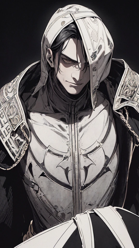 Best quality, (background_detail), high_contrast, detail_original_illustration, warrior, muscular, villain face, armored, full_body, medieval, crease between eyes, young man, man in 20s, dark_stitch_landscape, (dramatic_lighting:1. 25), (shaded_background:1.2), black_hair, (short black hair:) 1.1 ), Large figure, Delicate face, Evil smile, Sharp eyes, Black background, (Black background:1.5), Beautiful line drawing, Black and white