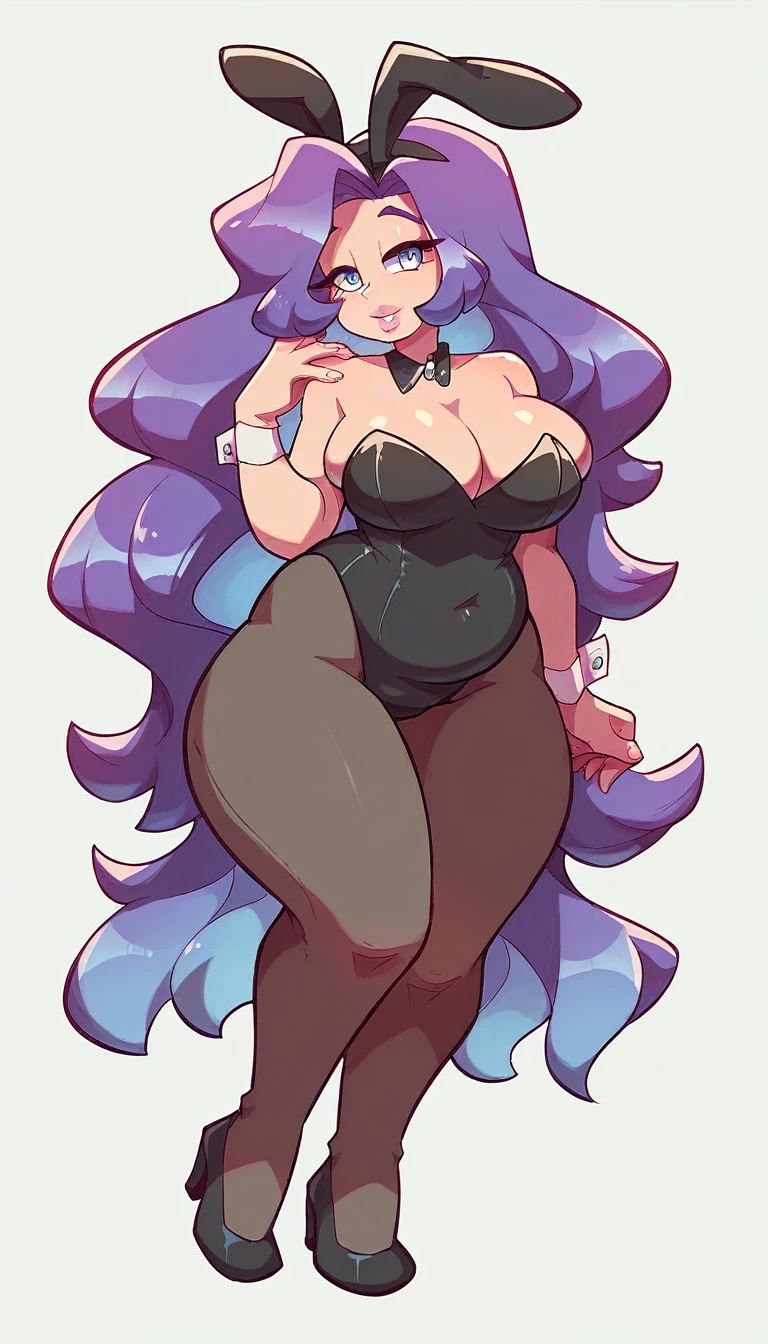a girl overweight sexy big breast beautiful tenderness long soft wavy purple hair her light blue eye bright pink lip dresses Playboy Black rabbit curve sexy socks long net Black big thigh sexy long black heels in love relationship husband