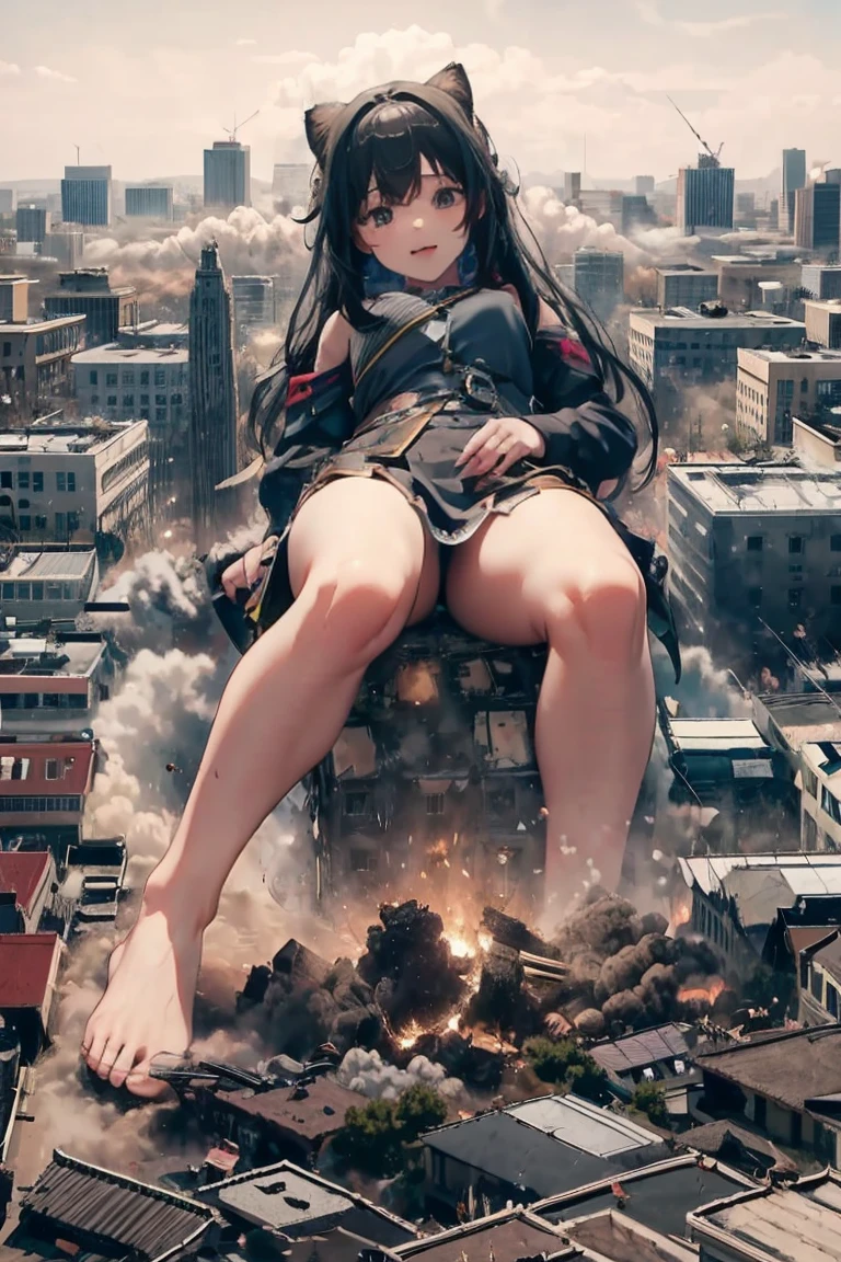 Cute alien invasion, attacking the world,👽、Giantess、Alien clothes、Yellow Eyeasterpiece、Highest quality、Giantessのイラスト、Giant Spaceman、Giant aliens、smile、Open mouth and show teeth、beautiful身体、simple、beautiful、Anime illustration、Trampling、Buildings being destroyed beneath our feet、I can see my feet、Draw a woman in a big way、Giantess、Hands on hips、giantess、Low - Angle、Small town view、Destroyed small town、Destroyed small building district、Smoke is rising、The fugitive々、Destructive illustration of a small city with buildings visible in the distance、Aerial photo of buildings